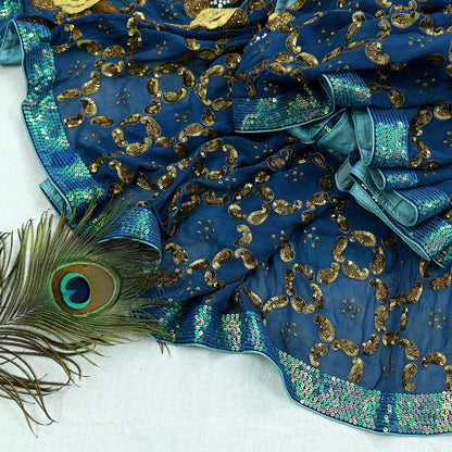 Indian Vintage Heavy Blue Dupatta Pure Georgette silk Long Stole Hand Embroidered Scarves Stole Veil Wrap Sequins