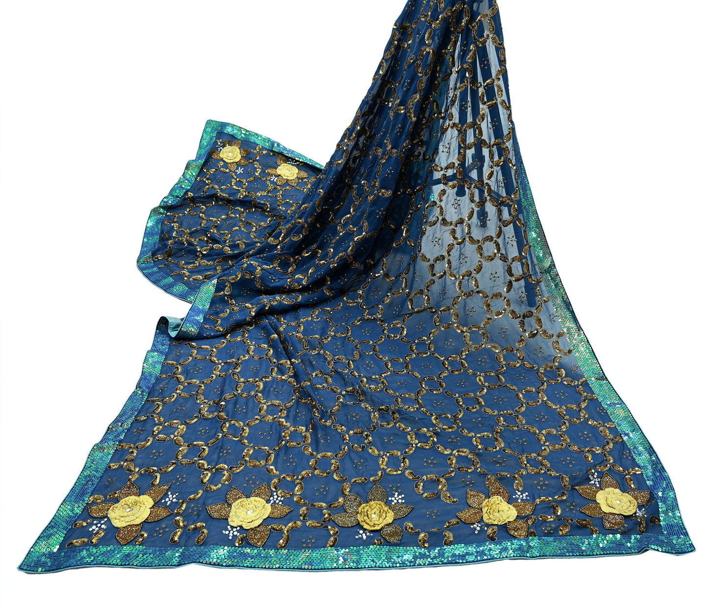 Indian Vintage Heavy Blue Dupatta Pure Georgette silk Long Stole Hand Embroidered Scarves Stole Veil Wrap Sequins