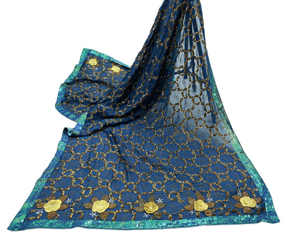 Indian Vintage Heavy Blue Dupatta Pure Georgette silk Long Stole Hand Embroidered Scarves Stole Veil Wrap Sequins
