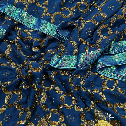Indian Vintage Heavy Blue Dupatta Pure Georgette silk Long Stole Hand Embroidered Scarves Stole Veil Wrap Sequins