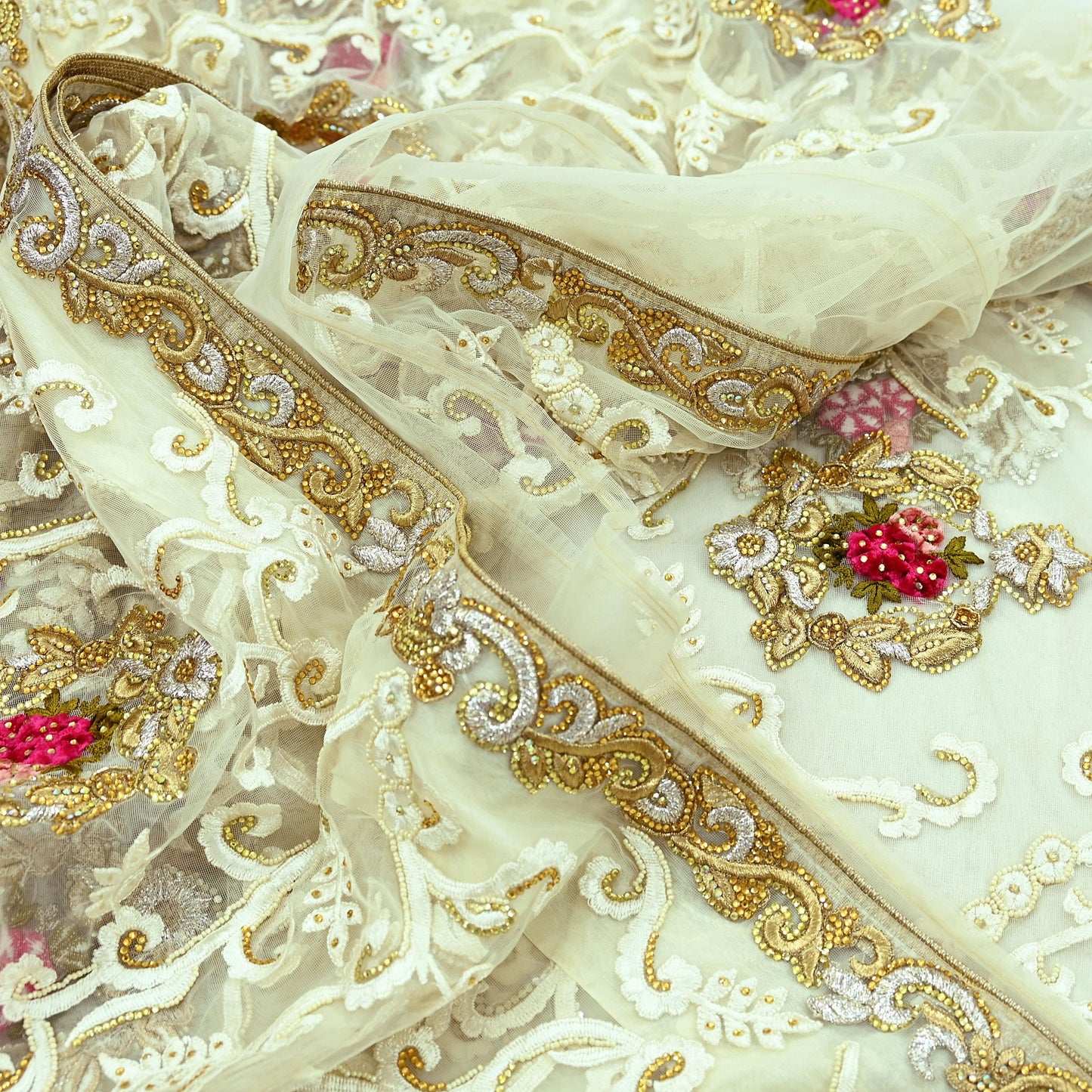 Indian Vintage Heavy Sari White Net/Mesh Embroidered Sarees Fabric 6Yd Sewing Soft Floral Craft Fabric Dress making Crafting Bollywood sari