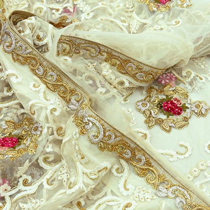 Indian Vintage Heavy Sari White Net/Mesh Embroidered Sarees Fabric 6Yd Sewing Soft Floral Craft Fabric Dress making Crafting Bollywood sari