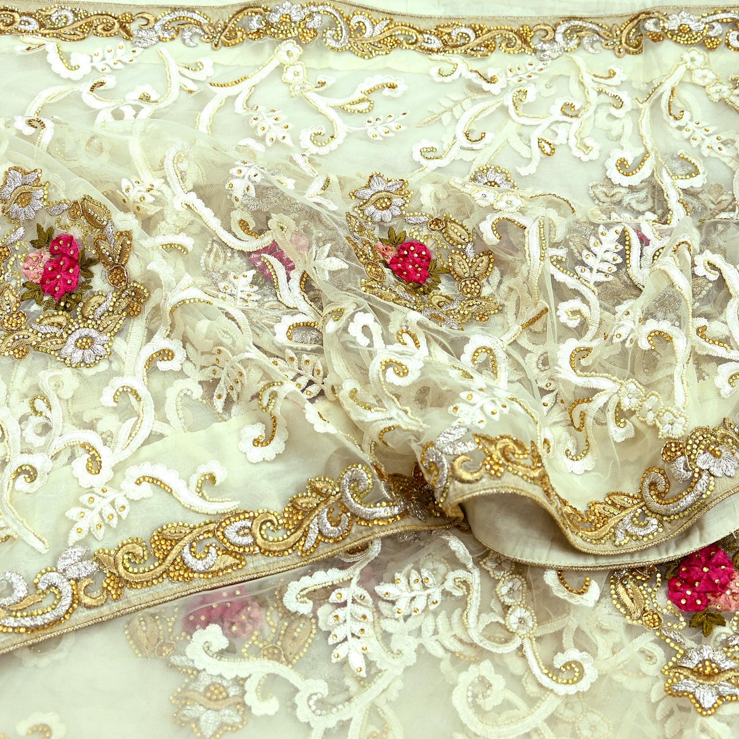 Indian Vintage Heavy Sari White Net/Mesh Embroidered Sarees Fabric 6Yd Sewing Soft Floral Craft Fabric Dress making Crafting Bollywood sari