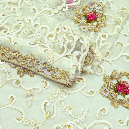 Indian Vintage Heavy Sari White Net/Mesh Embroidered Sarees Fabric 6Yd Sewing Soft Floral Craft Fabric Dress making Crafting Bollywood sari