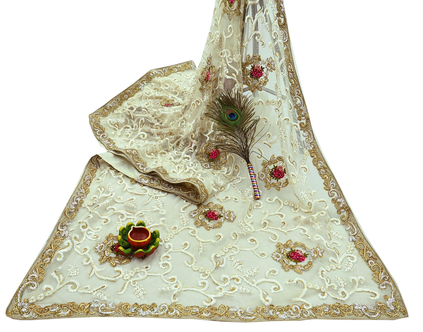 Indian Vintage Heavy Sari White Net/Mesh Embroidered Sarees Fabric 6Yd Sewing Soft Floral Craft Fabric Dress making Crafting Bollywood sari