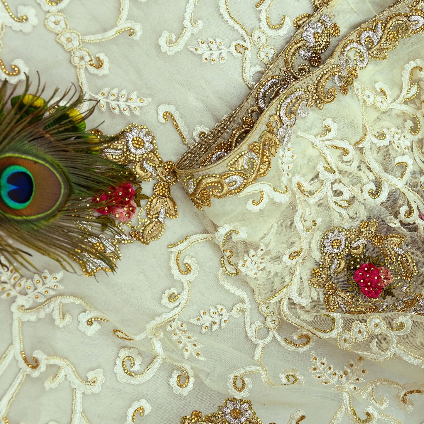 Indian Vintage Heavy Sari White Net/Mesh Embroidered Sarees Fabric 6Yd Sewing Soft Floral Craft Fabric Dress making Crafting Bollywood sari