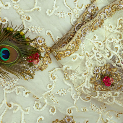 Indian Vintage Heavy Sari White Net/Mesh Embroidered Sarees Fabric 6Yd Sewing Soft Floral Craft Fabric Dress making Crafting Bollywood sari