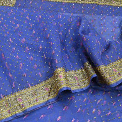 Indian Vintage Heavy Sari Purple Hand Embroidered Saree Pure Organza Silk Craft Fabric 5Yd Ethnic Dress Making Crafting Quilting Zardozi