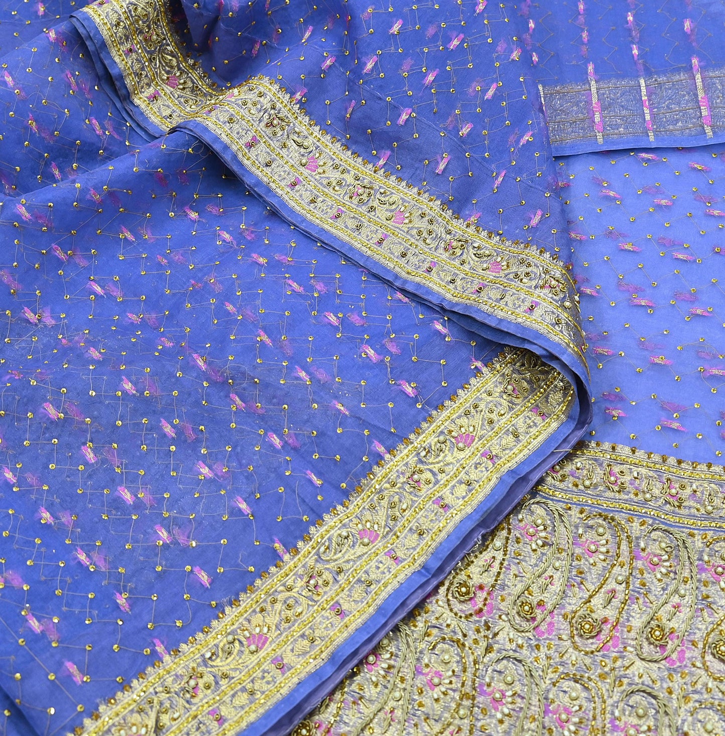 Indian Vintage Heavy Sari Purple Hand Embroidered Saree Pure Organza Silk Craft Fabric 5Yd Ethnic Dress Making Crafting Quilting Zardozi