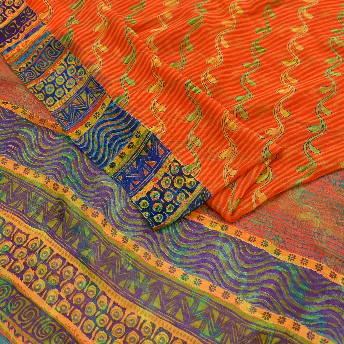 Indian Vintage Sari Orange Pure Georgette Silk Printed Sarees 6Yd Craft Fabric Sewing Light Weight Sari Quilting Dress making Crafting