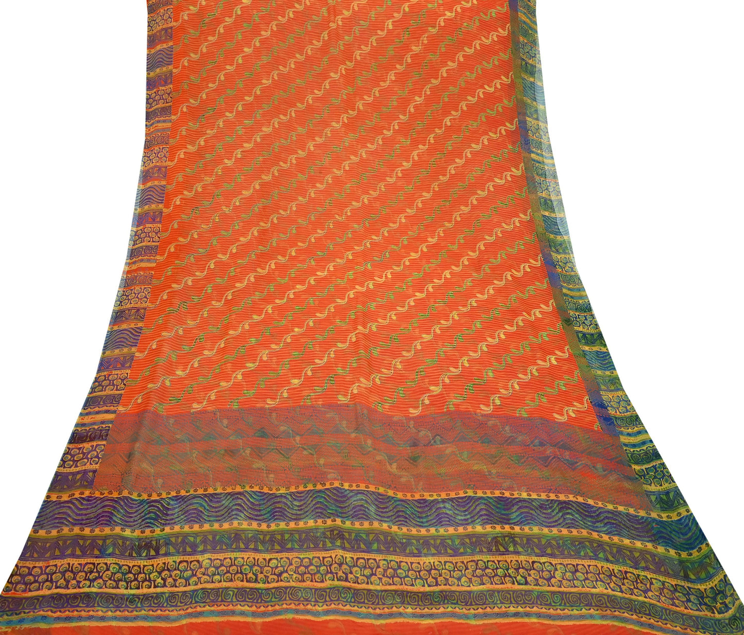 Indian Vintage Sari Orange Pure Georgette Silk Printed Sarees 6Yd Craft Fabric Sewing Light Weight Sari Quilting Dress making Crafting