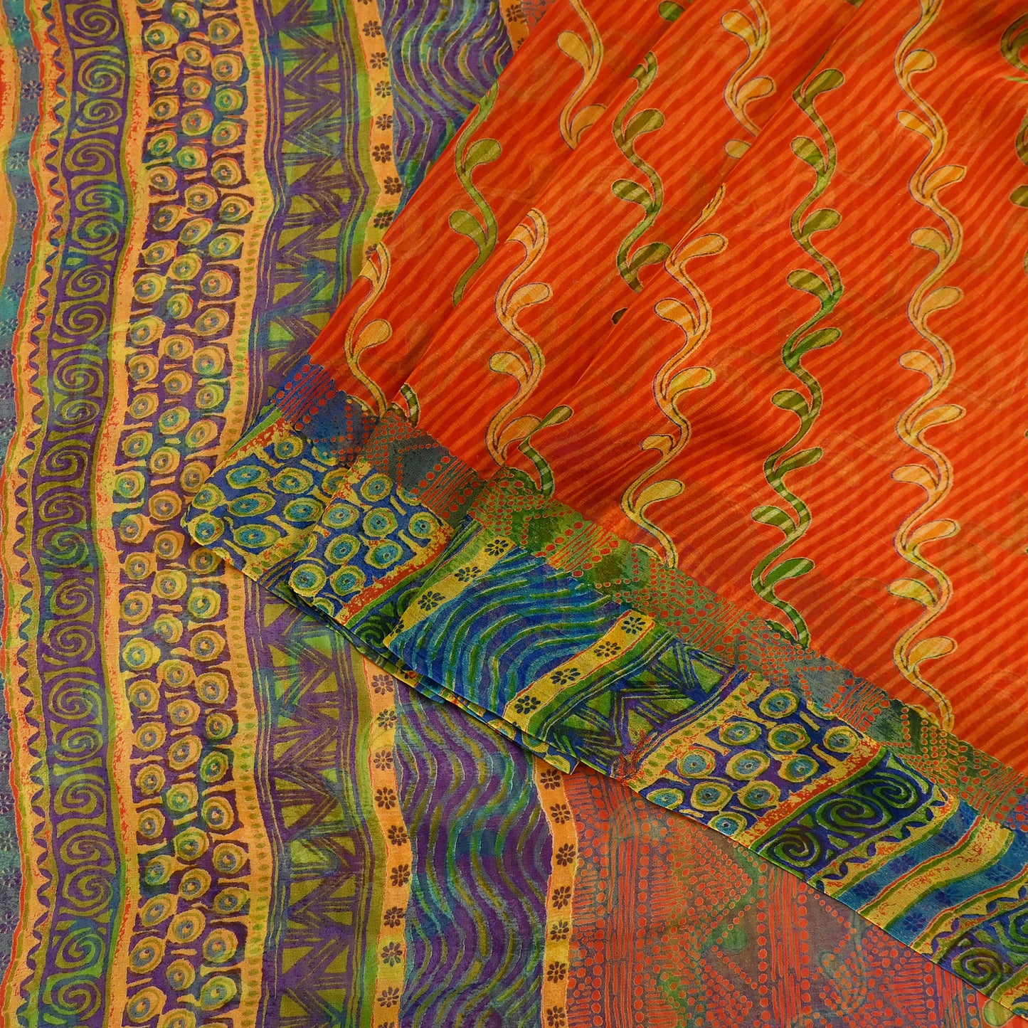 Indian Vintage Sari Orange Pure Georgette Silk Printed Sarees 6Yd Craft Fabric Sewing Light Weight Sari Quilting Dress making Crafting