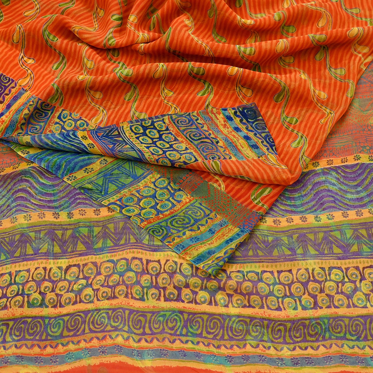 Indian Vintage Sari Orange Pure Georgette Silk Printed Sarees 6Yd Craft Fabric Sewing Light Weight Sari Quilting Dress making Crafting