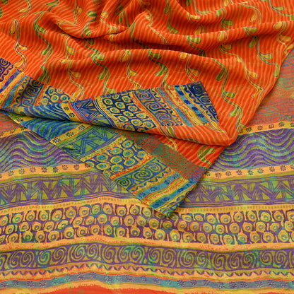 Indian Vintage Sari Orange Pure Georgette Silk Printed Sarees 6Yd Craft Fabric Sewing Light Weight Sari Quilting Dress making Crafting