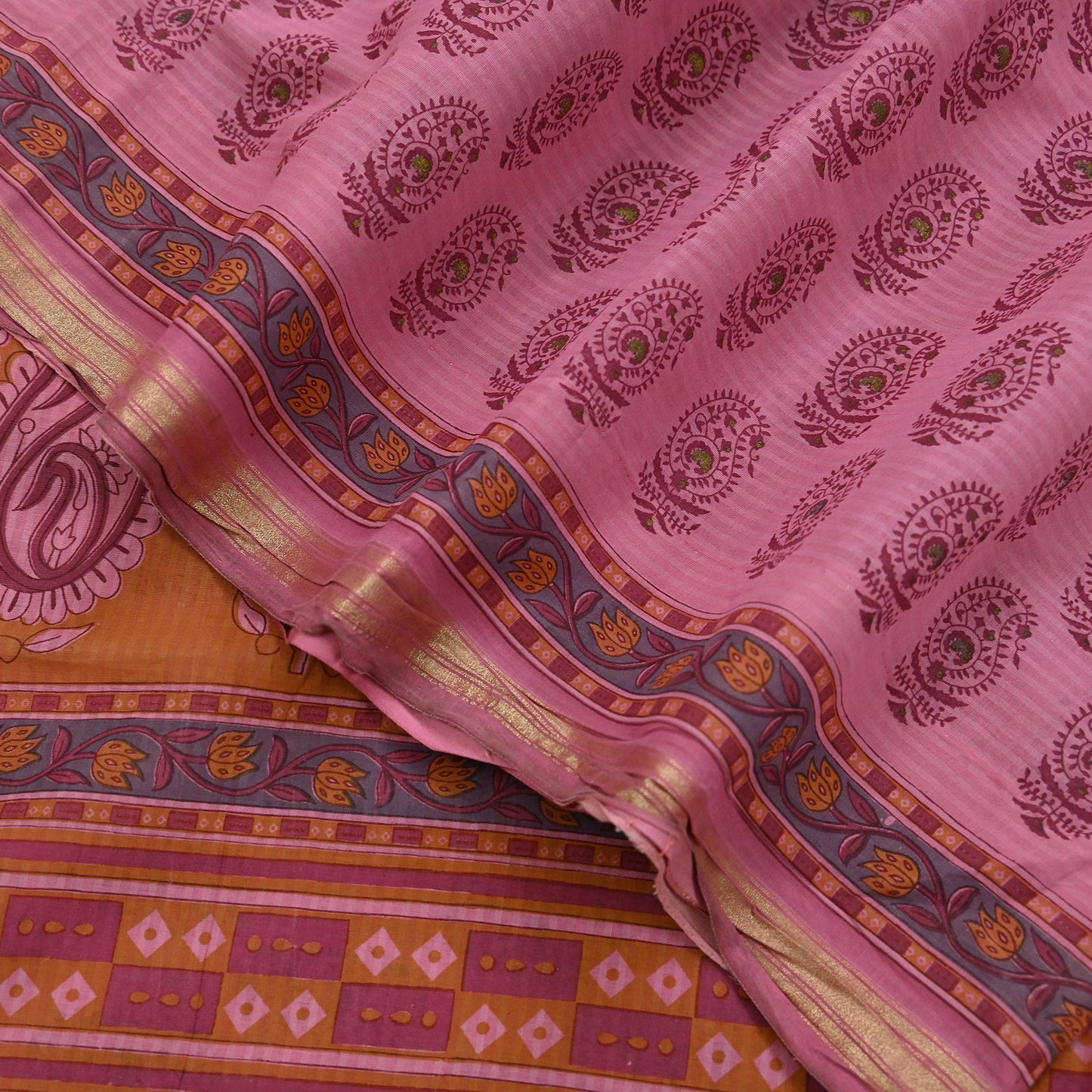 Indian Vintage Pink Saree Blend Cotton Block Printed Sari Craft Fabric 5Yd Soft Sewing Sarong Wrap Floral Dress Making Crafting Quilting