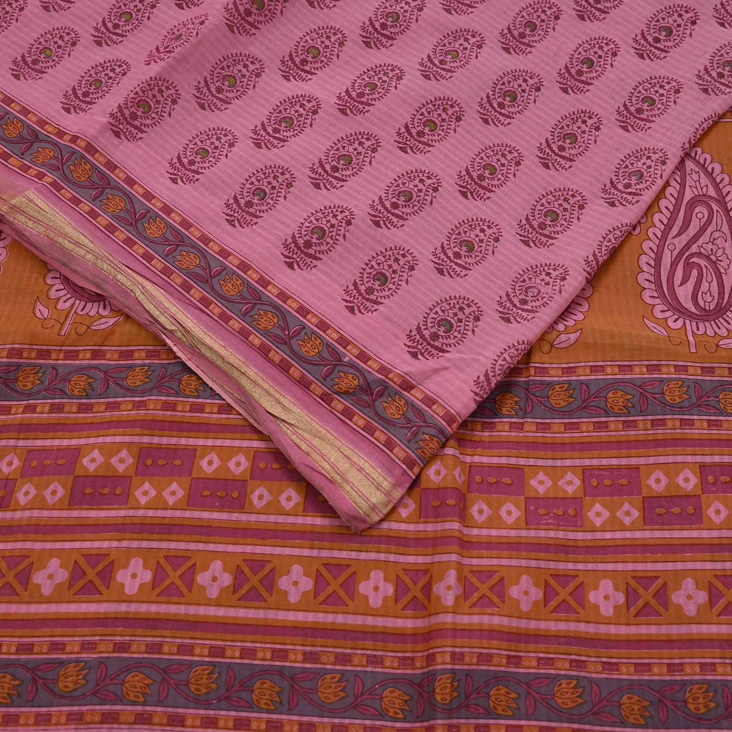 Indian Vintage Pink Saree Blend Cotton Block Printed Sari Craft Fabric 5Yd Soft Sewing Sarong Wrap Floral Dress Making Crafting Quilting