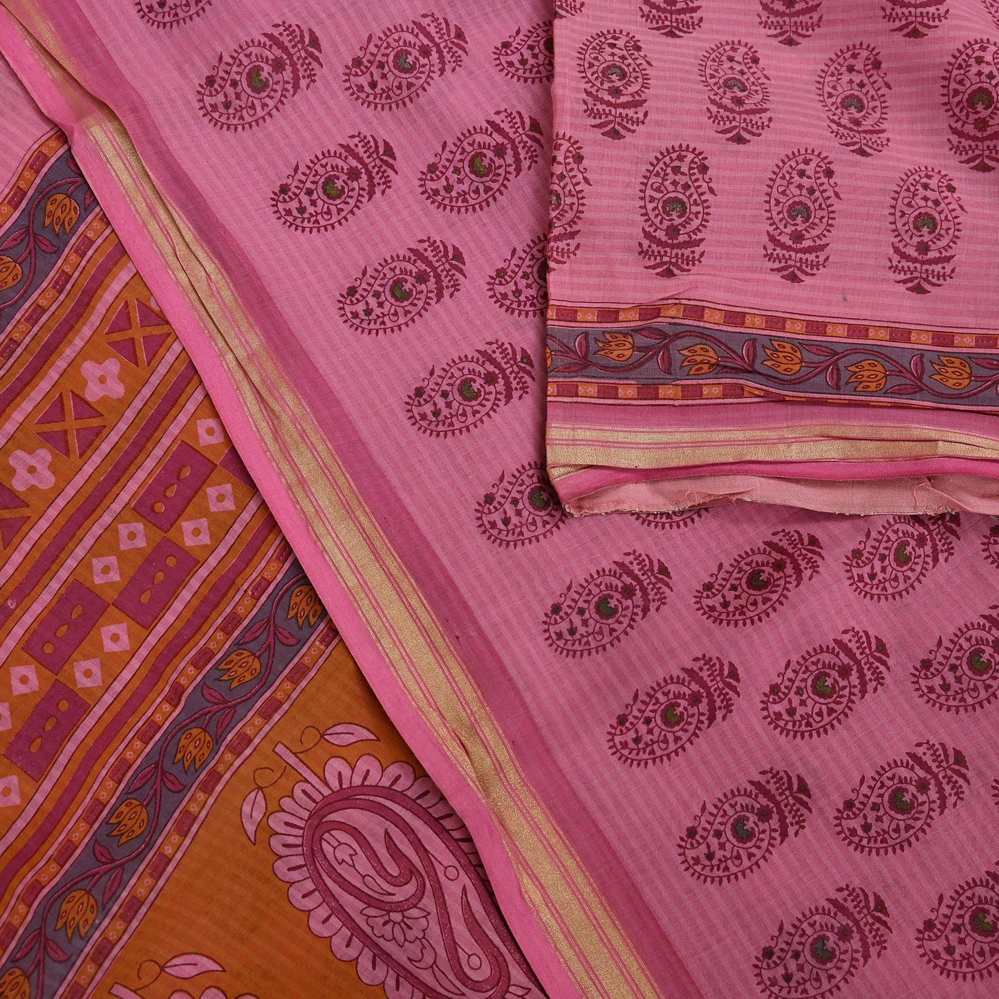 Indian Vintage Pink Saree Blend Cotton Block Printed Sari Craft Fabric 5Yd Soft Sewing Sarong Wrap Floral Dress Making Crafting Quilting