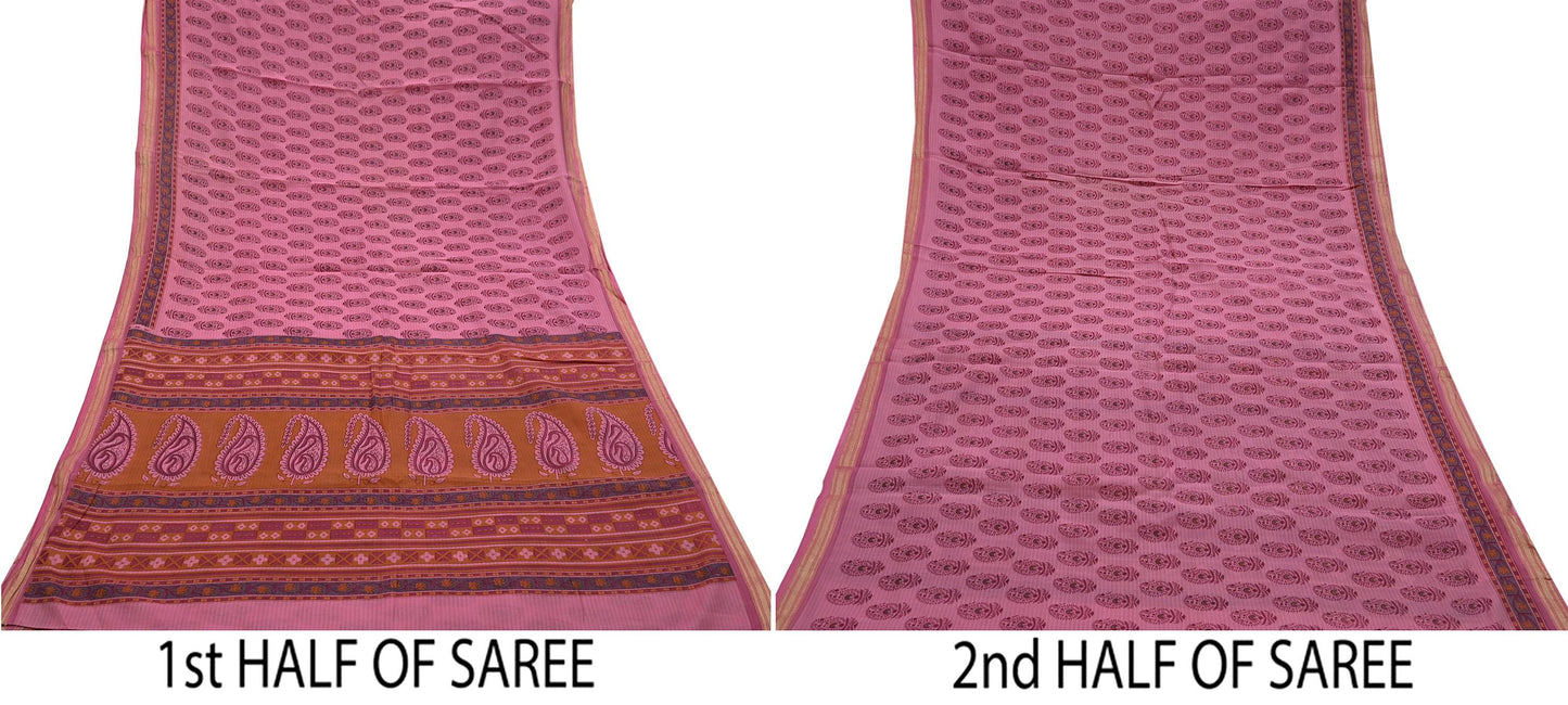 Indian Vintage Pink Saree Blend Cotton Block Printed Sari Craft Fabric 5Yd Soft Sewing Sarong Wrap Floral Dress Making Crafting Quilting