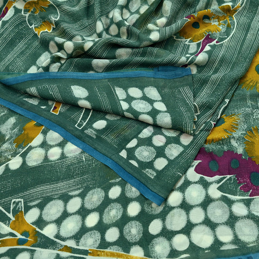 Indian Vintage Sari Green 100% Pure Georgette Silk Printed Sarees Sewing 5yd Craft Soft Dress Designing for Crafting Abstract
