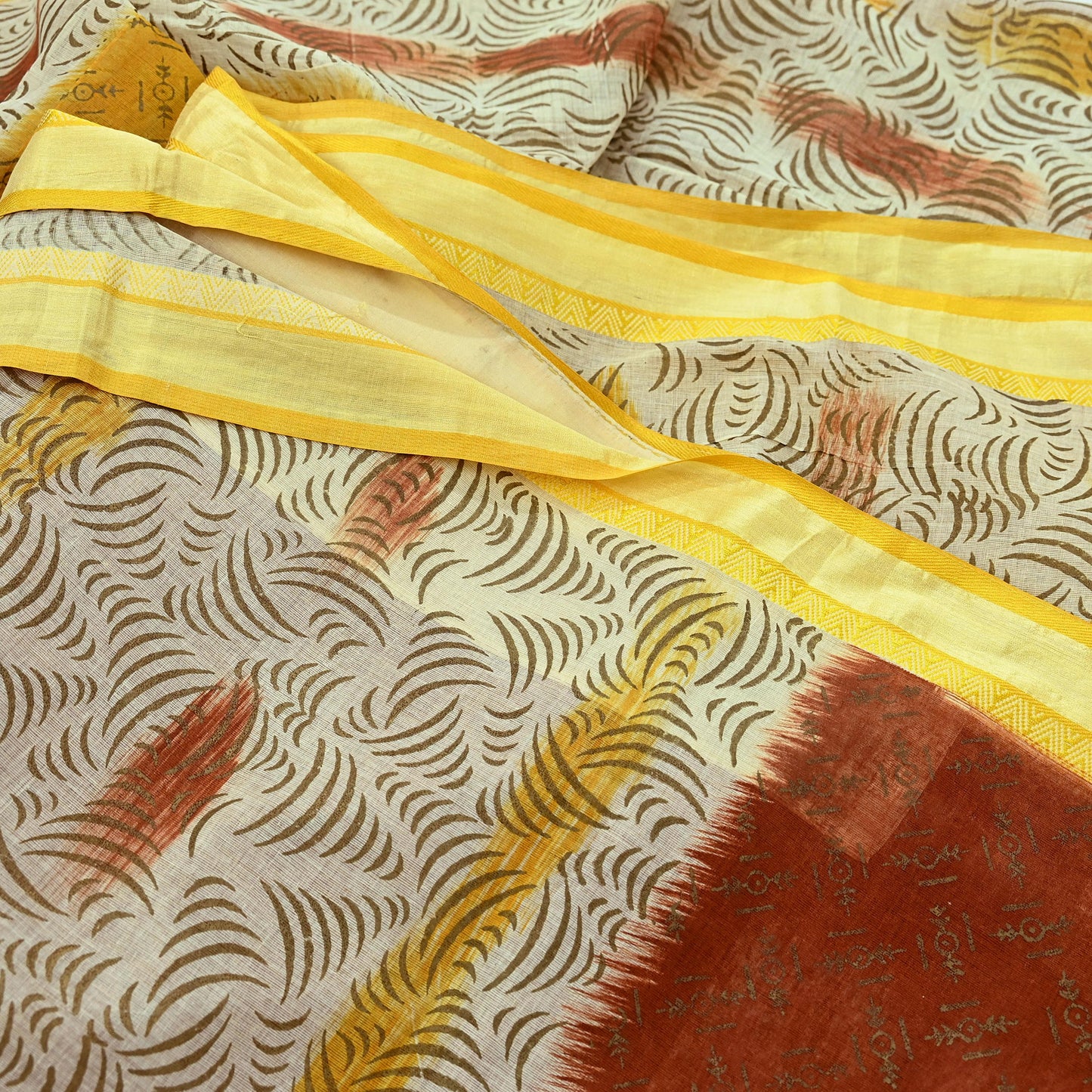 Indian Vintage Sari Hand Painted Pure Cotton Sarees Craft Fabric 5Yard Sewing Sarong Wrap Boho Dress making Crafting Upcycle Geometric