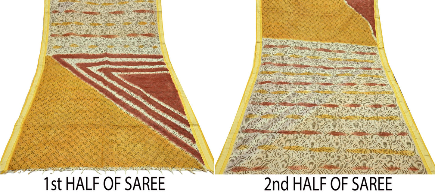 Indian Vintage Sari Hand Painted Pure Cotton Sarees Craft Fabric 5Yard Sewing Sarong Wrap Boho Dress making Crafting Upcycle Geometric