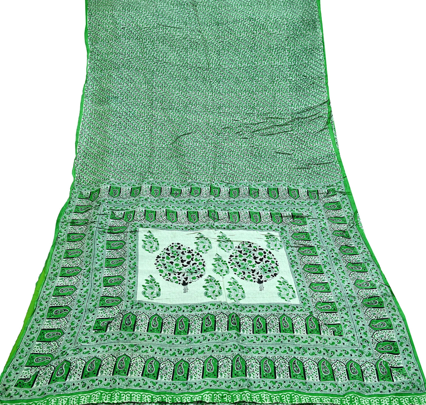 Indian Vintage Sari Green 100% Pure Silk Printed Sarees 5yd Craft Fabric Sewing Soft Dress Making Floral Quilting Crafting Upcycle Used