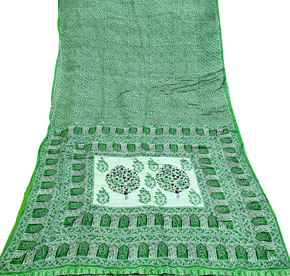Indian Vintage Sari Green 100% Pure Silk Printed Sarees 5yd Craft Fabric Sewing Soft Dress Making Floral Quilting Crafting Upcycle Used