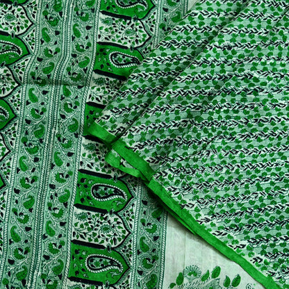 Indian Vintage Sari Green 100% Pure Silk Printed Sarees 5yd Craft Fabric Sewing Soft Dress Making Floral Quilting Crafting Upcycle Used