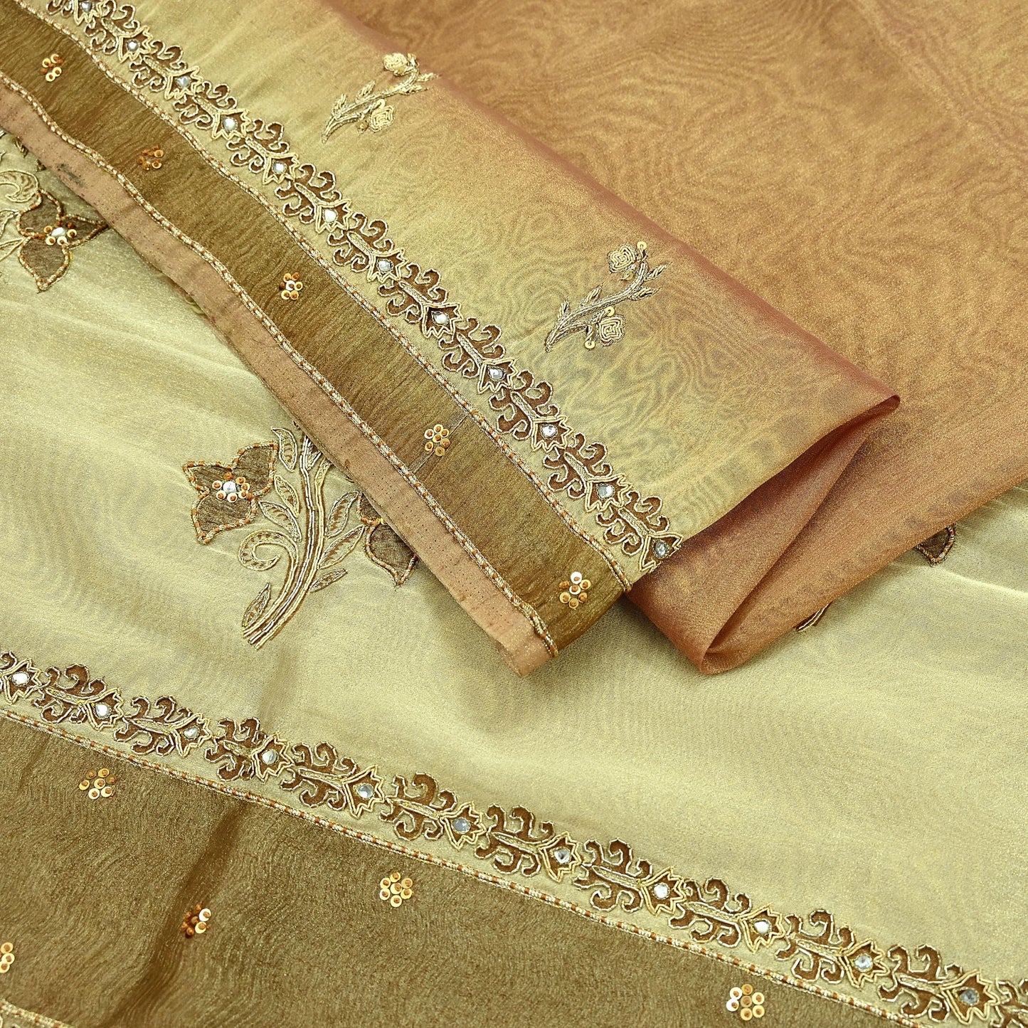 Indian Vintage Sari Golden Tissue Hand Embroidered Sarees Craft Fabric 5Yd Sewing Soft Ethnic Zardozi/Zari Dress making Crafting Upcycle