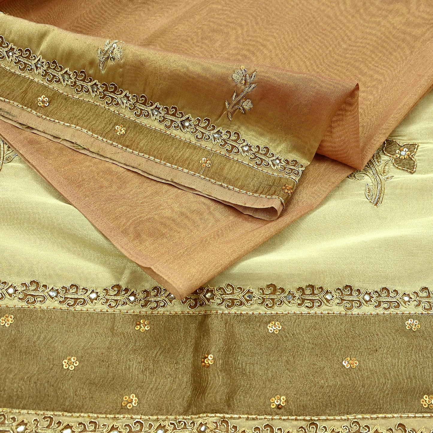 Indian Vintage Sari Golden Tissue Hand Embroidered Sarees Craft Fabric 5Yd Sewing Soft Ethnic Zardozi/Zari Dress making Crafting Upcycle