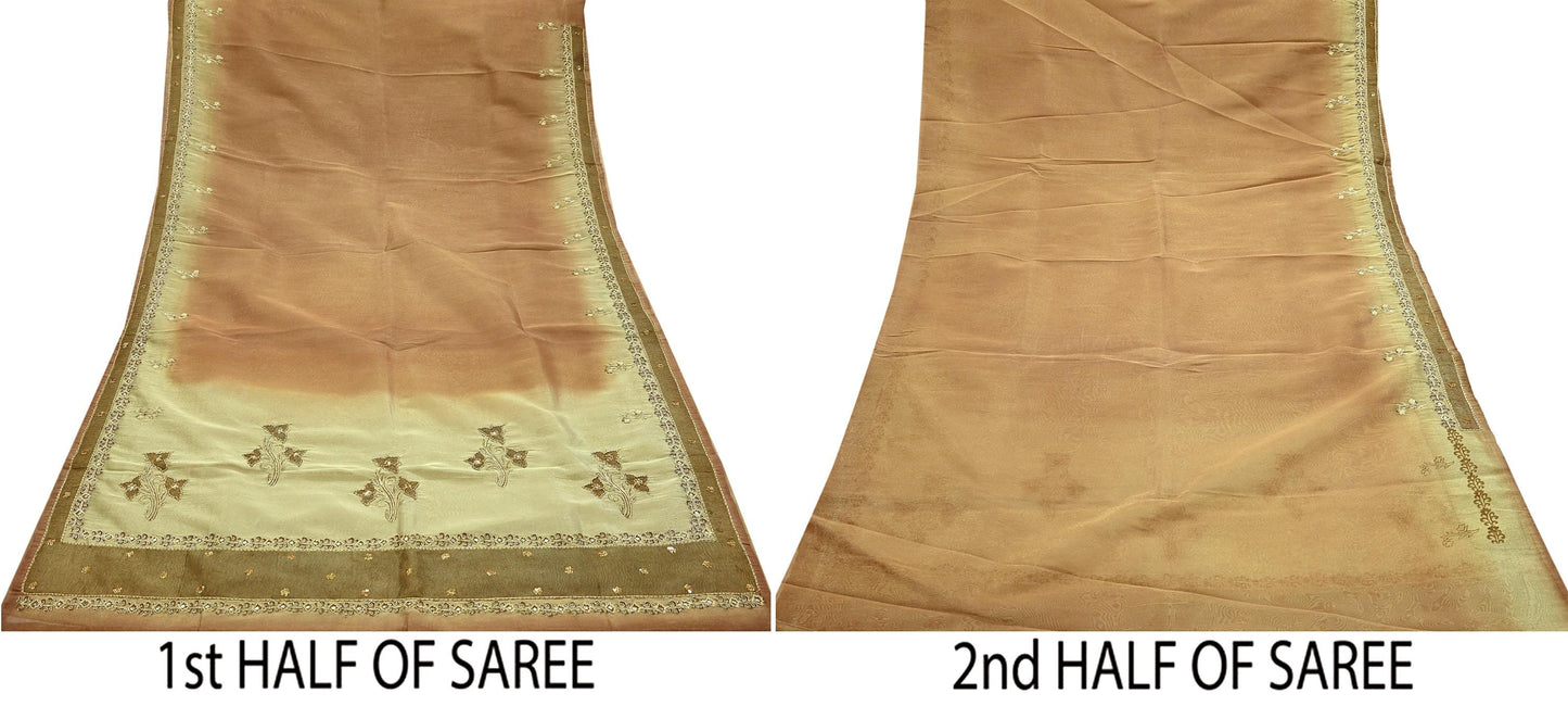 Indian Vintage Sari Golden Tissue Hand Embroidered Sarees Craft Fabric 5Yd Sewing Soft Ethnic Zardozi/Zari Dress making Crafting Upcycle