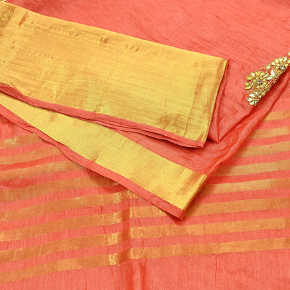 Indian Vintage Orange Sari Pure Tussar Silk Hand Embroidered Sarees Craft Fabric 5Yd Sewing Ethnic Sequins Dress making Crafting Quilting