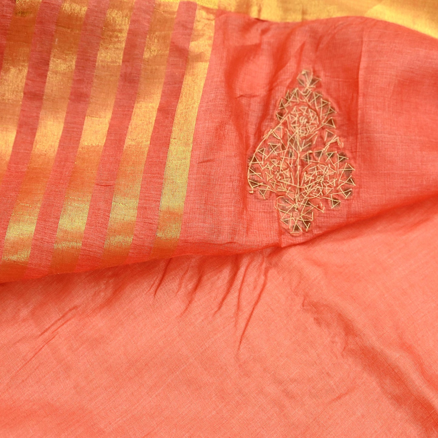 Indian Vintage Orange Sari Pure Tussar Silk Hand Embroidered Sarees Craft Fabric 5Yd Sewing Ethnic Sequins Dress making Crafting Quilting