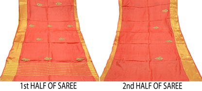 Indian Vintage Orange Sari Pure Tussar Silk Hand Embroidered Sarees Craft Fabric 5Yd Sewing Ethnic Sequins Dress making Crafting Quilting