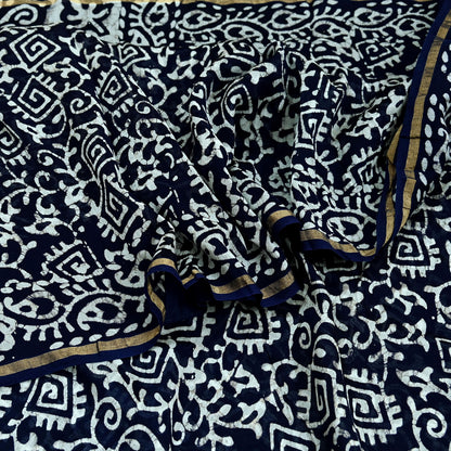 Indian Vintage Sari Blue & White Pure chanderi Silk Block Printed Sarees Craft Fabric 5Yd Floral Dress making bollywood silk sarees