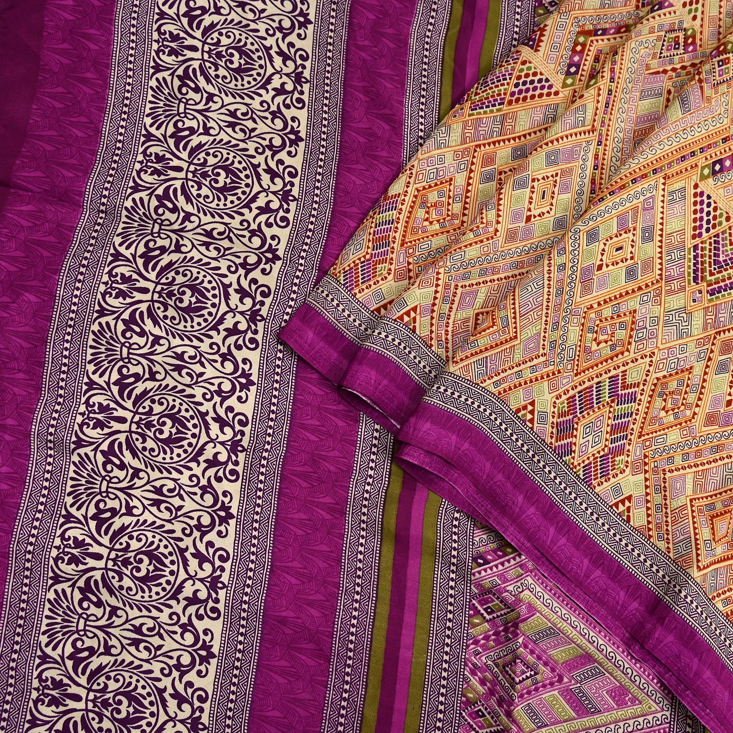 Indian Vintage Saree Purple & Beige Moss Crepe Printed Sari | 5 Yards | Floral Soft Fabric for Sewing, Dressmaking, Crafting, Quilting