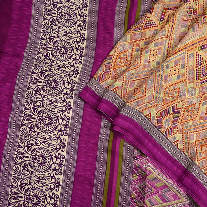 Indian Vintage Saree Purple & Beige Moss Crepe Printed Sari | 5 Yards | Floral Soft Fabric for Sewing, Dressmaking, Crafting, Quilting