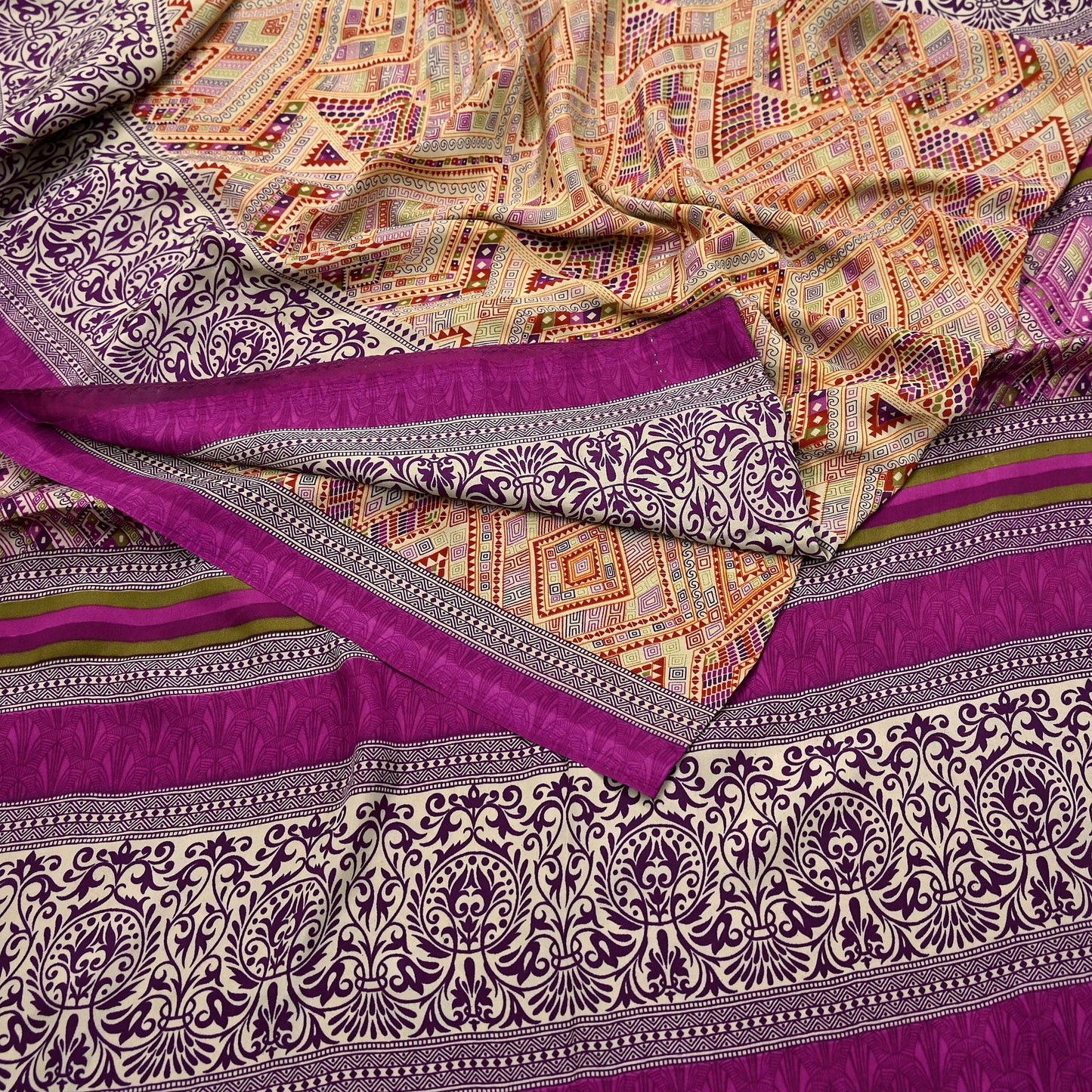Indian Vintage Saree Purple & Beige Moss Crepe Printed Sari | 5 Yards | Floral Soft Fabric for Sewing, Dressmaking, Crafting, Quilting