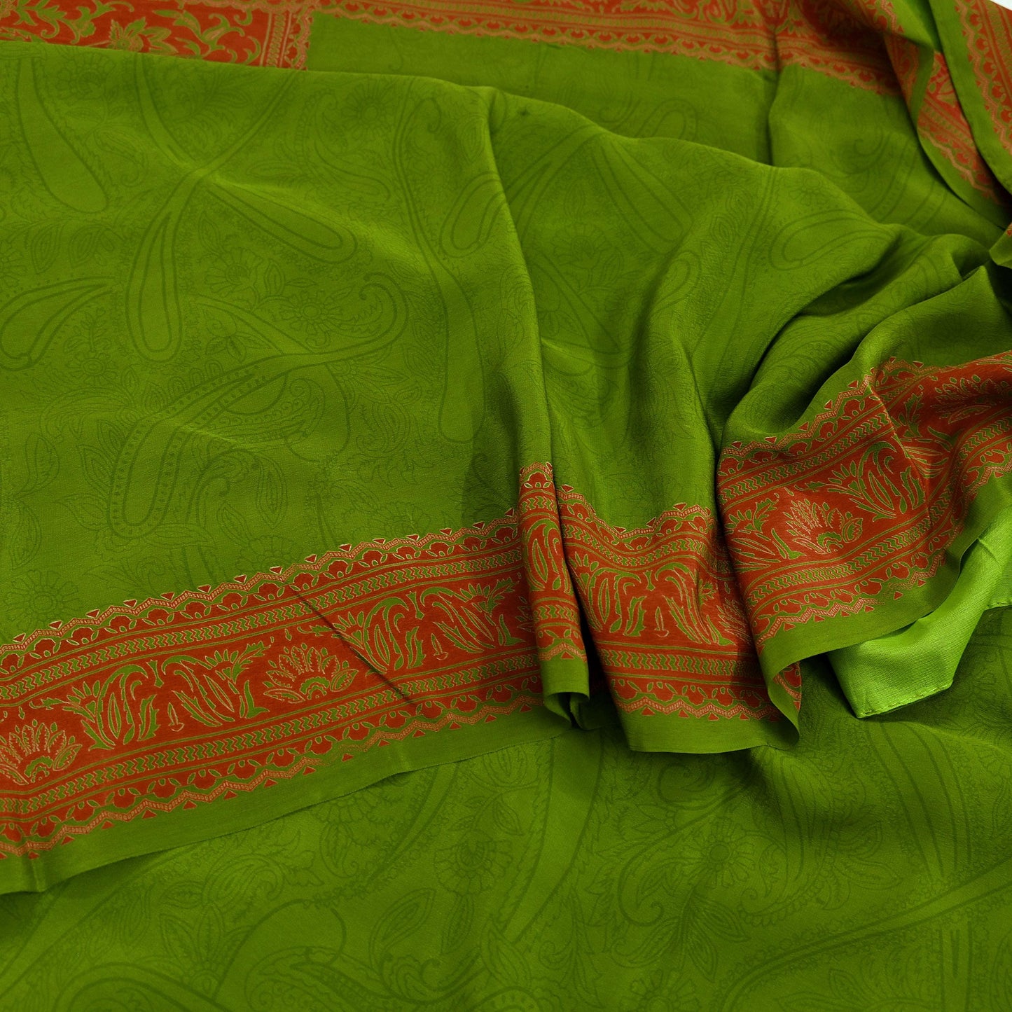 Indian Vintage Sari Green Pure Crepe Silk Printed Saree 5yd Sewing Floral Soft Craft Fabric Wrap Dress making Crafting Quilting