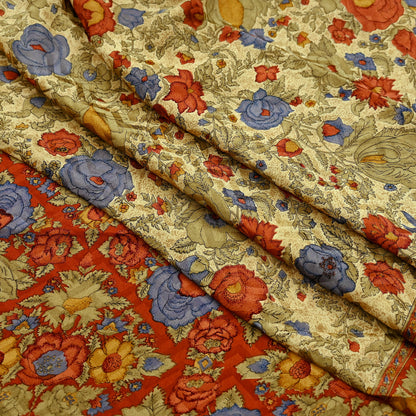 Indian Vintage Sari Beige & Orange Pure Crepe Silk Block Printed Sarees 5yd Sewing Soft Craft Fabric Wrap Dress making Crafting Quilting