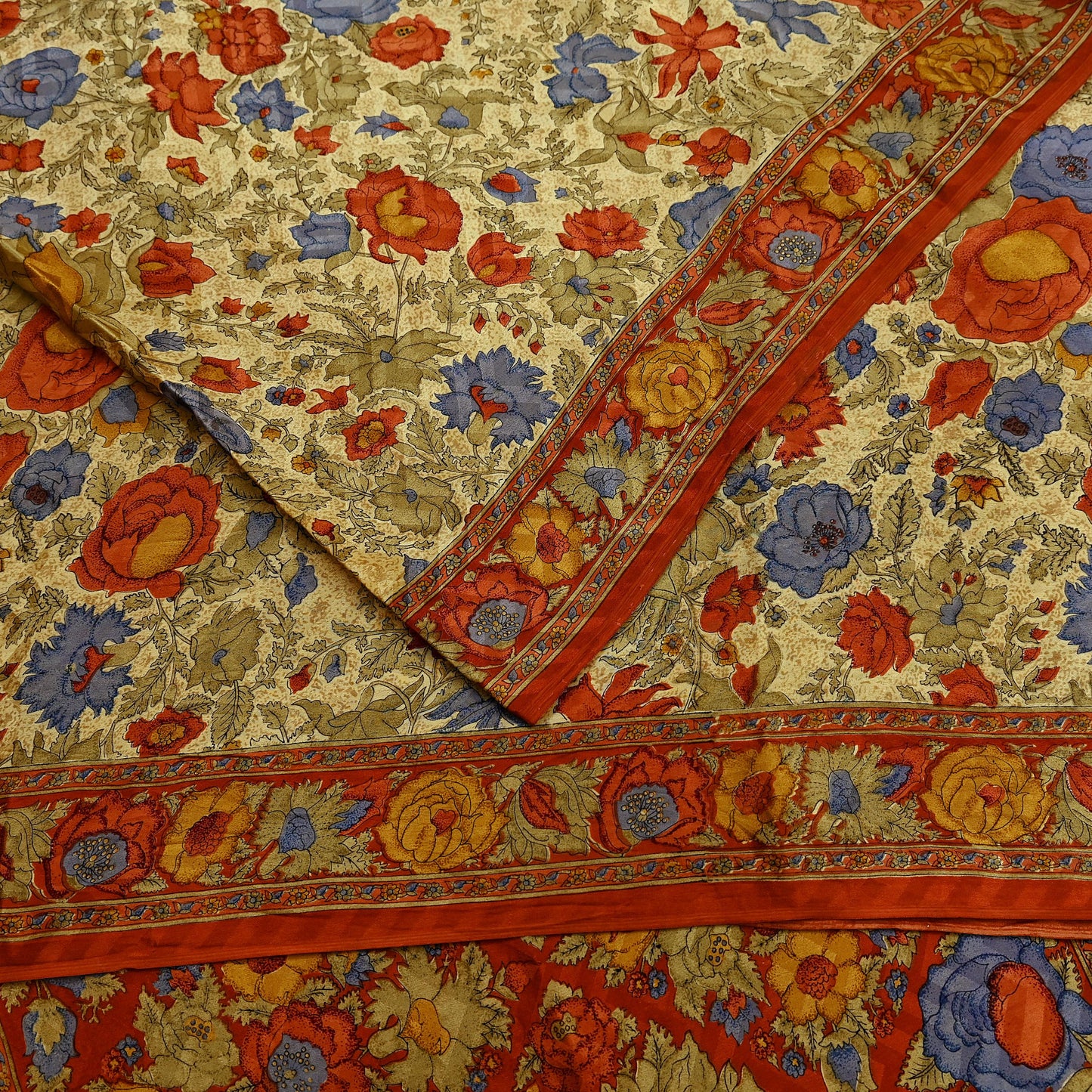Indian Vintage Sari Beige & Orange Pure Crepe Silk Block Printed Sarees 5yd Sewing Soft Craft Fabric Wrap Dress making Crafting Quilting