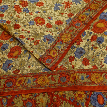 Indian Vintage Sari Beige & Orange Pure Crepe Silk Block Printed Sarees 5yd Sewing Soft Craft Fabric Wrap Dress making Crafting Quilting