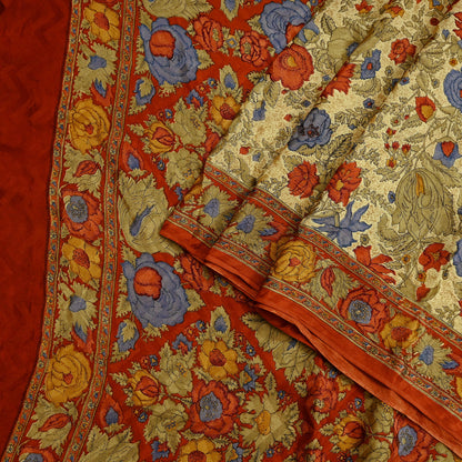 Indian Vintage Sari Beige & Orange Pure Crepe Silk Block Printed Sarees 5yd Sewing Soft Craft Fabric Wrap Dress making Crafting Quilting
