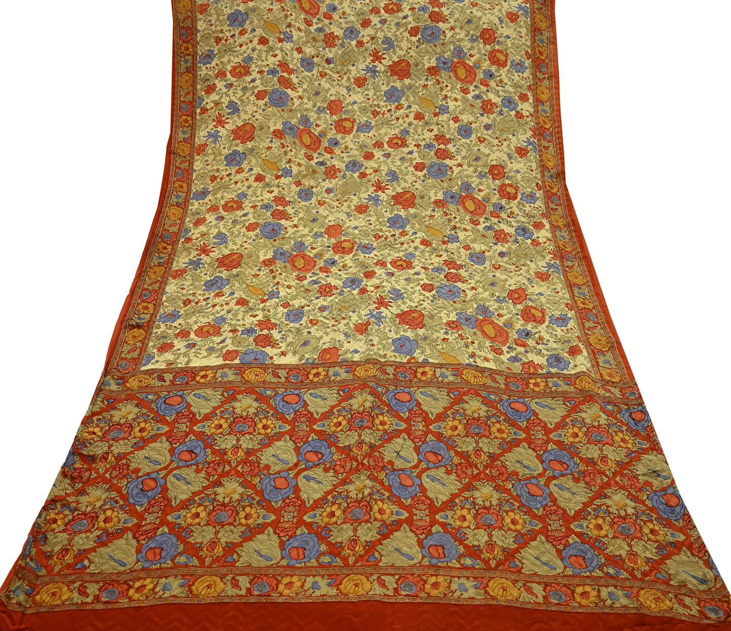 Indian Vintage Sari Beige & Orange Pure Crepe Silk Block Printed Sarees 5yd Sewing Soft Craft Fabric Wrap Dress making Crafting Quilting
