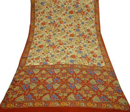 Indian Vintage Sari Beige & Orange Pure Crepe Silk Block Printed Sarees 5yd Sewing Soft Craft Fabric Wrap Dress making Crafting Quilting