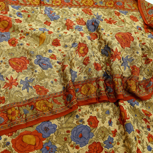 Indian Vintage Sari Beige & Orange Pure Crepe Silk Block Printed Sarees 5yd Sewing Soft Craft Fabric Wrap Dress making Crafting Quilting