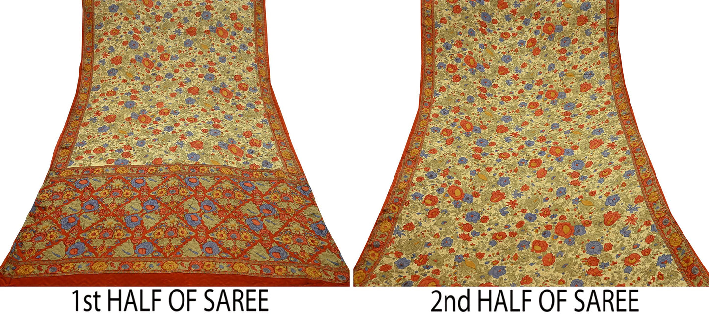 Indian Vintage Sari Beige & Orange Pure Crepe Silk Block Printed Sarees 5yd Sewing Soft Craft Fabric Wrap Dress making Crafting Quilting