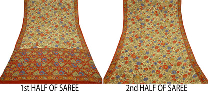 Indian Vintage Sari Beige & Orange Pure Crepe Silk Block Printed Sarees 5yd Sewing Soft Craft Fabric Wrap Dress making Crafting Quilting