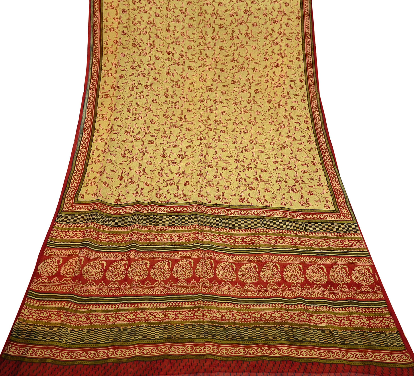 Vintage Sari Yellow & Red 100% Pure Chiffon Silk Printed Sarees Sewing 5yd Craft Fabric Soft Dress Designing for Crafting Floral