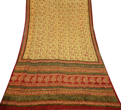 Vintage Sari Yellow & Red 100% Pure Chiffon Silk Printed Sarees Sewing 5yd Craft Fabric Soft Dress Designing for Crafting Floral